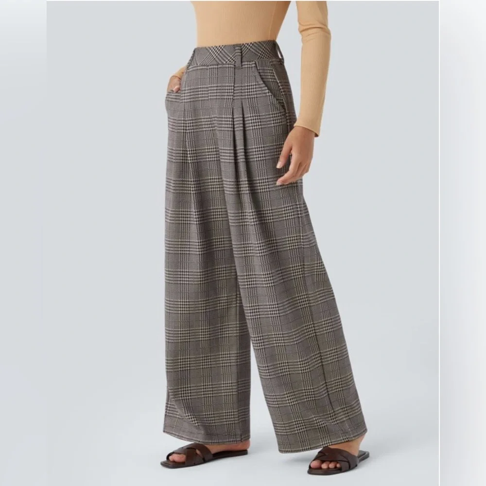Halara High Waisted Side Pocket Wide Leg Houndstooth Plaid Casual Pants NWT - Picture 1 of 7